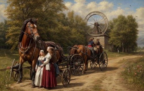 girl with a wheel,flower cart,handcart,straw cart,carriage,straw carts,horse-drawn,horse-drawn carriage,transportation,velocipede,stagecoach,covered wagon,horse-drawn vehicle,carriages,transport,horse drawn,horse harness,horse and cart,rural landscape,dutch landscape,Game Scene Design,Game Scene Design,Medieval