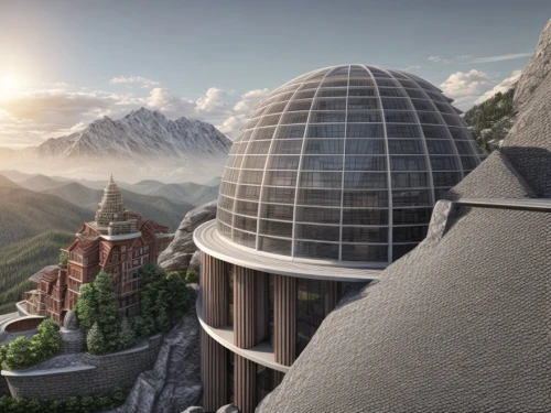 solar cell base,roof domes,terraforming,planetarium,futuristic landscape,observatory,futuristic architecture,sky space concept,copernican world system,many glacier hotel,spacescraft,utopian,roof landscape,temple fade,the observation deck,digital compositing,valerian,mountain settlement,metropolis,stargate,Common,Common,Natural