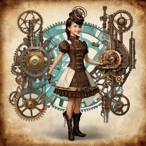 steampunk gears,steampunk,clockmaker,cogwheel,watchmaker,cog,cogs,girl with a wheel,cog wheels,velocipede,clockwork,iron wheels,switchboard operator,telephone operator,projectionist,mechanical,derailleur gears,gears,inventor,seamstress,Conceptual Art,Fantasy,Fantasy 25