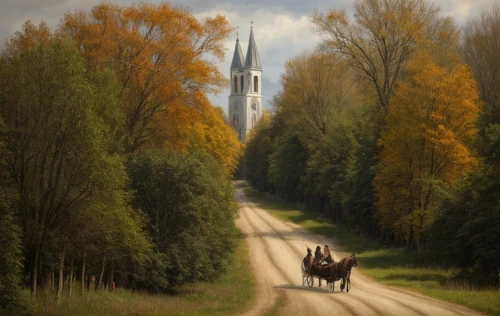 autumn landscape,autumn idyll,pilgrims,rural landscape,fall landscape,autumn scenery,country road,one autumn afternoon,autumn day,fantasy picture,horse-drawn,horse drawn,horseback,man and horses,autumn chores,church painting,in the autumn,travelers,pilgrimage,minarets,Game Scene Design,Game Scene Design,Medieval