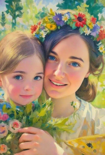 girl in flowers,little girl and mother,flower painting,oil painting on canvas,daisy family,oil painting,flowers png,meadow in pastel,photo painting,mother and daughter,springtime background,children girls,mom and daughter,the girl's face,children's background,girl picking flowers,beautiful frame,two girls,child portrait,spring background