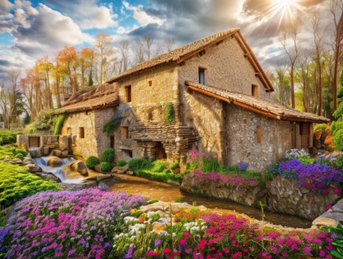 home landscape,beautiful home,country cottage,house in mountains,idyllic,house with lake,tuscan,house in the mountains,water mill,summer cottage,fairy village,alpine village,fantasy picture,provence,beautiful landscape,cottage garden,miniature house,little house,ancient house,small house