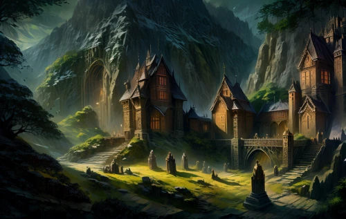 fantasy landscape,mountain settlement,house in the forest,witch's house,devilwood,elven forest,mountain village,druid grove,fairy village,fantasy picture,castle of the corvin,house in mountains,hogwarts,monastery,witch house,northrend,haunted cathedral,knight village,house in the mountains,fantasy art