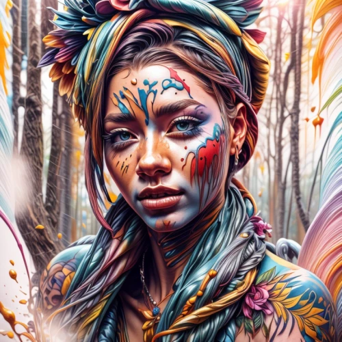 boho art,the festival of colors,fantasy portrait,tribal,world digital painting,shaman,digital art,warrior woman,psychedelic art,bodypainting,pocahontas,digital painting,pachamama,mystical portrait of a girl,face paint,native american,body painting,fantasy art,digital artwork,boho