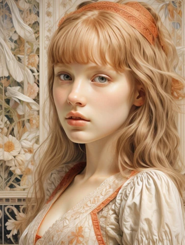 portrait of a girl,emile vernon,mystical portrait of a girl,young girl,fantasy portrait,girl portrait,orange blossom,painter doll,child portrait,jessamine,eglantine,cinnamon girl,girl in a historic way,young woman,fairy tale character,rococo,blond girl,romantic portrait,girl with cloth,baroque angel