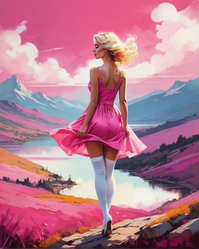 world digital painting,digital painting,heidi country,landscape background,springtime background,girl walking away,colorful background,pink grass,pink background,spring background,wonderland,digital art,bright pink,creative background,fantasy picture,pink dawn,digital illustration,valley,fantasia,color pink,Conceptual Art,Fantasy,Fantasy 06