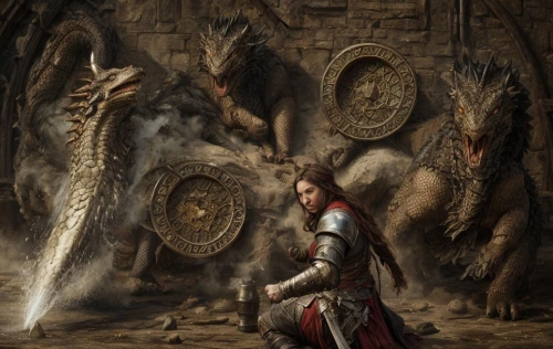 dragons,fantasy picture,dragon slayer,protectors,hall of the fallen,fantasy art,confrontation,guards of the canyon,dragon,hunting scene,crocodile woman,heroic fantasy,basilisk,fantasy portrait,the throne,guarding,predators,pilgrimage,wyrm,the collector,Game Scene Design,Game Scene Design,Renaissance