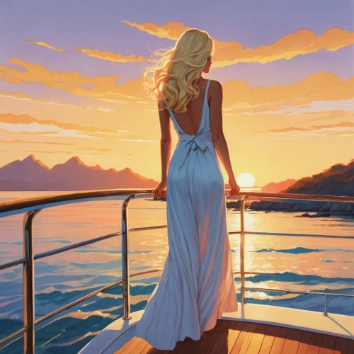 girl on the boat,at sea,on a yacht,sea fantasy,oil painting on canvas,sun and sea,sailing,sea breeze,art painting,tramonto,oil painting,summer evening,eventide,sunset,world digital painting,girl on the river,sailing blue yellow,boat operator,woman silhouette,boat landscape,Illustration,Vector,Vector 03