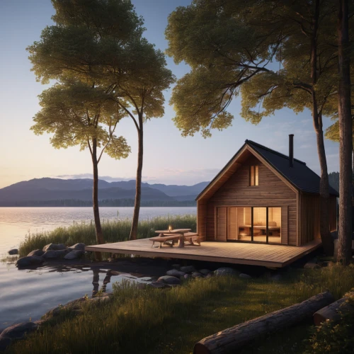 summer cottage,floating huts,house by the water,summer house,small cabin,inverted cottage,the cabin in the mountains,wooden sauna,house with lake,houseboat,scandinavian style,chalet,wooden house,cottage,holiday home,home landscape,idyllic,wooden decking,log home,3d rendering,Photography,General,Natural