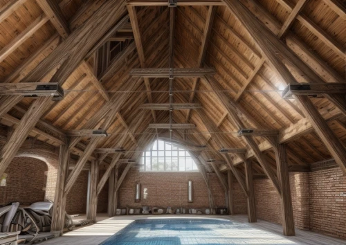 wooden beams,loft,gymnastics room,aqua studio,wooden floor,pumping station,pool house,wooden roof,wood floor,wooden construction,attic,wooden church,vault (gymnastics),timber framed building,wooden sauna,horse barn,swimming pool,renovation,industrial hall,stables,Interior Design,Living room,Industry,Italian Industrial