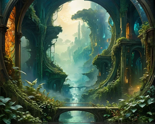 fantasy landscape,fantasy picture,3d fantasy,fantasy art,fantasy world,futuristic landscape,mushroom landscape,tunnel of plants,portal,gateway,ancient city,the mystical path,druid grove,archway,hall of the fallen,heaven gate,hollow way,fairy village,world digital painting,portals,Conceptual Art,Fantasy,Fantasy 05