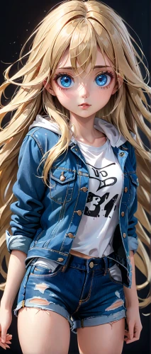 heavy object,jeans background,kotobukiya,anime 3d,jean shorts,tsumugi kotobuki k-on,yang,anime japanese clothing,jean button,female doll,denim background,3d figure,jean jacket,erika,blonde girl,kantai collection sailor,anime girl,blond girl,denim,belarus byn,Anime,Anime,General