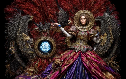 sorceress,archangel,the archangel,raven sculpture,priestess,imperial coat,magic grimoire,mirror of souls,baroque angel,blue enchantress,goddess of justice,the collector,the enchantress,dodge warlock,vax figure,queen cage,minerva,fantasy art,heroic fantasy,amano,Product Design,Fashion Design,Women's Wear,Theatrical Opulence