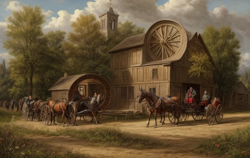 covered wagon,old wagon train,horse barn,wooden wagon,horse trailer,straw carts,wooden carriage,horse stable,wagons,dutch mill,rural landscape,horse supplies,village scene,riding school,stagecoach,straw cart,farmstead,house trailer,farm landscape,caravan,Game Scene Design,Game Scene Design,Medieval