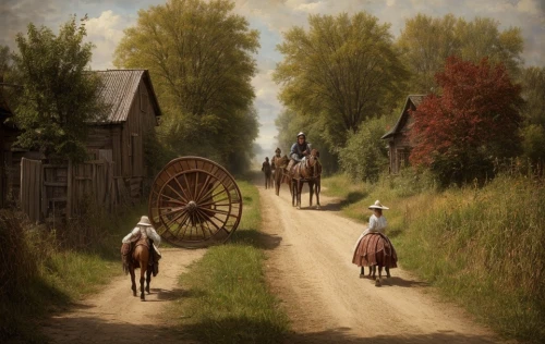 old wagon train,rural landscape,country road,rural,farm landscape,pilgrims,autumn chores,straw carts,horse-drawn,straw cart,village life,village scene,wooden carriage,horse drawn,carriage,handcart,covered wagon,man and horses,farm tractor,farmstead,Game Scene Design,Game Scene Design,Renaissance