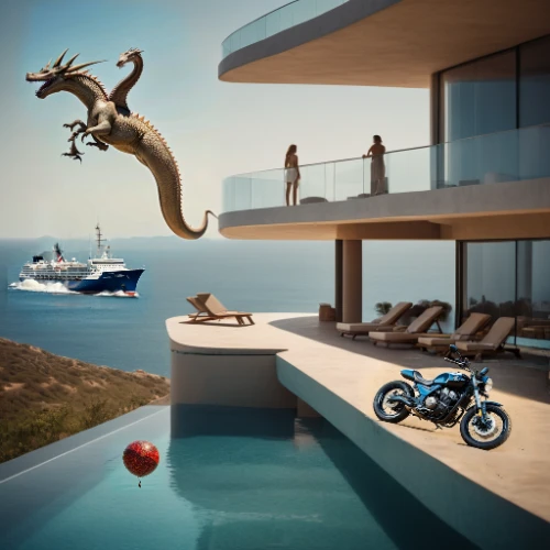 yamaha motor company,triumph motor company,motorcycles,digital compositing,3d rendering,dunes house,photoshop manipulation,photo manipulation,luxury property,the balearics,infinity swimming pool,motorcycling,toy motorcycle,holiday villa,boat trailer,photomanipulation,3d fantasy,photomontage,motorbike,photoshop creativity