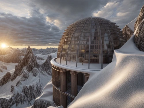 snowhotel,schilthorn,snow house,summit castle,aiguille du midi,snow globe,snow roof,ice planet,snow shelter,alpine hut,igloo,infinite snow,winter house,solar cell base,ice castle,futuristic landscape,observatory,mountain settlement,roof domes,snow mountain,Common,Common,Natural