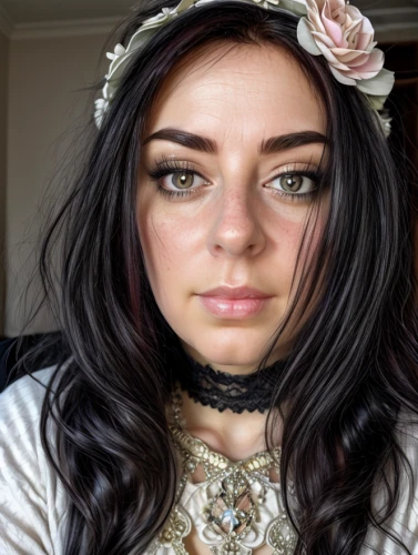 gypsy hair,vintage makeup,flower crown,flower crown of christ,victorian lady,heterochromia,milkmaid,boho,vintage floral,faery,faerie,uploading,beautiful girl with flowers,flower fairy,brows,layered hair,lace wig,mystical portrait of a girl,violet head elf,fairy queen