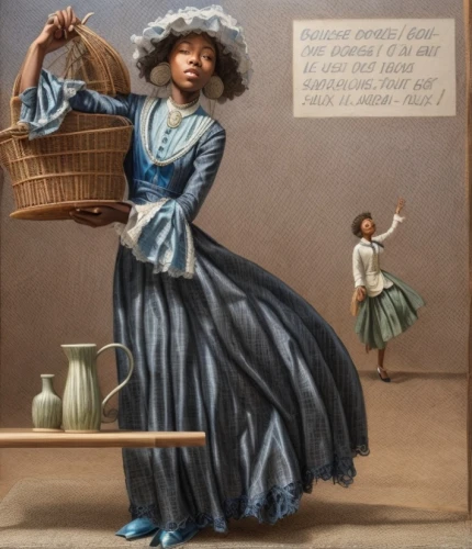 basket weaver,woman hanging clothes,girl in the kitchen,laundress,woman holding pie,cleaning woman,basket maker,woman playing,girl with bread-and-butter,girl with cloth,african american woman,woman with ice-cream,woman at the well,woman shopping,crinoline,girl with a wheel,housework,housekeeper,milkmaid,girl in a historic way,Common,Common,Natural