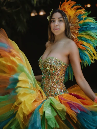 quinceañera,quinceanera dresses,hula,fairy peacock,social,color feathers,brazil carnival,bird of paradise,guatemalan quetzal,samba deluxe,quetzal,feather headdress,showgirl,belly dance,parrot feathers,luau,maracatu,fairy queen,tiger lily,hispanic