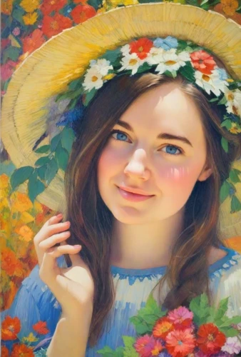 girl in flowers,beautiful girl with flowers,girl picking flowers,girl in a wreath,flower painting,oil painting on canvas,oil painting,girl in the garden,portrait background,photo painting,flowers png,flower hat,colored pencil background,girl portrait,flower girl,fantasy portrait,flower background,painting technique,portrait of a girl,girl wearing hat