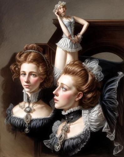 ballerinas,porcelain dolls,victorian fashion,joint dolls,doll looking in mirror,victorian lady,the victorian era,vintage girls,victorian style,dancers,vintage fairies,young women,vintage women,emile vernon,crinoline,rococo,debutante,ballet master,concerto for piano,doll's house,Common,Common,Natural