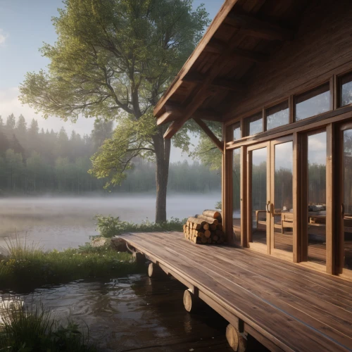 the cabin in the mountains,summer cottage,morning mist,house by the water,boathouse,house with lake,small cabin,wooden sauna,wooden bridge,home landscape,house in the forest,wooden house,log cabin,idyllic,morning light,salt meadow landscape,lakeside,log home,foggy landscape,3d rendering,Photography,General,Natural