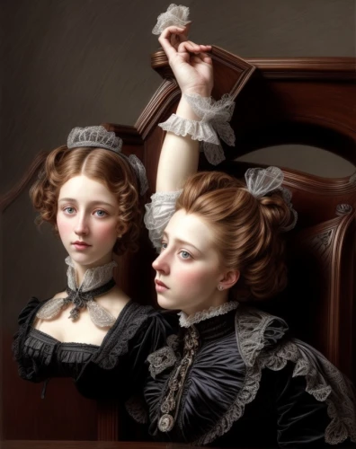 bougereau,two girls,gothic portrait,victorian style,young women,portrait of a girl,young couple,victorian lady,victorian fashion,the victorian era,romantic portrait,rococo,girl sitting,partiture,woman sitting,porcelain dolls,mother and daughter,cosmetic brush,orsay,joint dolls,Common,Common,Natural