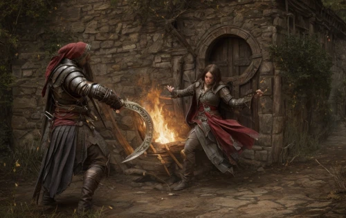 confrontation,blacksmith,sword fighting,medieval,burning torch,assassins,duel,accolade,role playing game,game illustration,dispute,hearth,romantic scene,fantasy picture,woman pointing,serenade,vidraru,stage combat,conversation,hunting scene,Game Scene Design,Game Scene Design,Renaissance