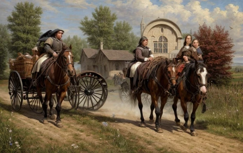 covered wagon,pilgrims,horse-drawn,horse drawn,church painting,horse-drawn carriage,bougereau,horse riders,horse-drawn vehicle,straw cart,transportation,horse trailer,man and horses,stagecoach,horse carriage,straw carts,cross-country equestrianism,carriage,horseback,flower cart,Game Scene Design,Game Scene Design,Medieval