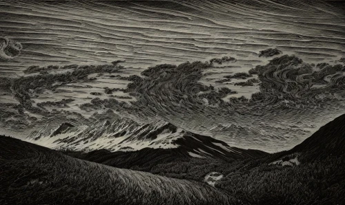 matruschka,mountain scene,volcanic landscape,mountains,the landscape of the mountains,the spirit of the mountains,mountainous landscape,mountain landscape,high mountains,charcoal drawing,volcanism,escher,woodcut,moutains,cloud mountains,mountain,vesuvius,cool woodblock images,fire in the mountains,charcoal,Art sketch,Art sketch,Fantasy