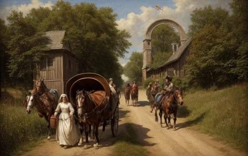 tied-arch bridge,pilgrims,covered wagon,carriage,horse-drawn carriage,horse-drawn,carriages,arch bridge,handcart,village scene,horse drawn,stone arch,horse-drawn vehicle,water wheel,canal tunnel,procession,stagecoach,bridge arch,straw carts,farm gate,Game Scene Design,Game Scene Design,Medieval