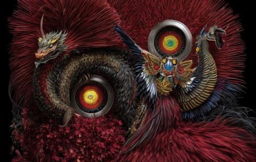 garuda,peacock,patung garuda,parrot couple,bird couple,krampus,vanitas,shamanic,symbiotic,peacock eye,emu,fairy peacock,angel and devil,couple macaw,masquerade,pelicans,in the mother's plumage,barongsai,redcock,shaman,Product Design,Fashion Design,Women's Wear,Theatrical Opulence