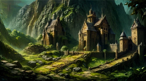 mountain settlement,fantasy landscape,ancient city,karst landscape,druid grove,mountain village,elven forest,fairy village,forest landscape,peter-pavel's fortress,devilwood,castle of the corvin,house in the forest,northrend,mushroom landscape,knight village,mountainous landscape,bastei,home landscape,green forest