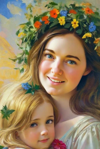 oil painting,oil painting on canvas,girl in flowers,little girl and mother,flower painting,capricorn mother and child,girl in a wreath,photo painting,art painting,portrait background,beautiful girl with flowers,flowers png,mary 1,wreath of flowers,blooming wreath,church painting,splendor of flowers,painting easter egg,mother with child,mother's