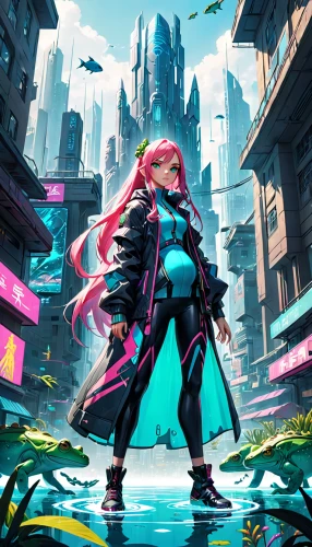 cyberpunk,sci fiction illustration,aqua,transistor,game illustration,city trans,wanderer,game art,cyber,fantasy city,the wanderer,metaverse,world digital painting,pink quill,futuristic landscape,colorful city,scifi,nora,fantasia,adventurer,Anime,Anime,General