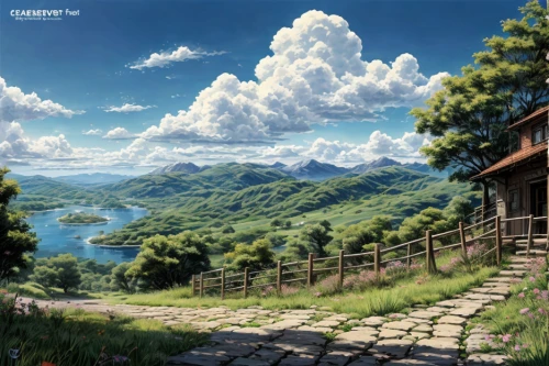 landscape background,mountain scene,mountain landscape,high landscape,home landscape,mountainous landscape,japan landscape,mount scenery,panoramic landscape,mountain settlement,beautiful landscape,rural landscape,nature landscape,meteora,japanese alps,clouds - sky,studio ghibli,fantasy landscape,landscape nature,overlook