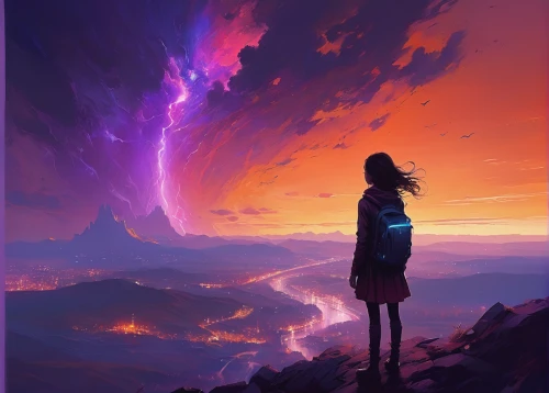 sky,vast,the horizon,horizon,meteor,astral traveler,beacon,ultraviolet,beyond,dusk,aurora,dusk background,volcano,wanderer,fantasia,falling stars,薄雲,space art,fantasy picture,traveler,Conceptual Art,Sci-Fi,Sci-Fi 22