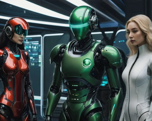 laurel family,ivy family,valerian,sci fi,mannequins,red and green,passengers,trinity,women in technology,advisors,robots,protectors,sci-fi,sci - fi,scifi,stand models,marvels,joining together,data exchange,digital compositing,Illustration,Retro,Retro 06