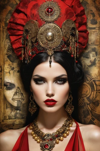 queen of hearts,priestess,headdress,ancient egyptian girl,oriental princess,orientalism,adornments,cleopatra,athena,antiquariat,the carnival of venice,red chief,fantasy art,lady in red,geisha girl,black-red gold,red tunic,the roman centurion,steampunk,venetian mask,Illustration,Realistic Fantasy,Realistic Fantasy 10