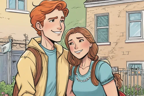 young couple,boy and girl,neighbors,cute cartoon image,teens,coloring,girl and boy outdoor,sweethearts,ginger family,bunches of rowan,loud crying,grainau,little boy and girl,neighbourhood,birch family,recess,them,vintage boy and girl,david-lily,the girl's face,Illustration,American Style,American Style 13