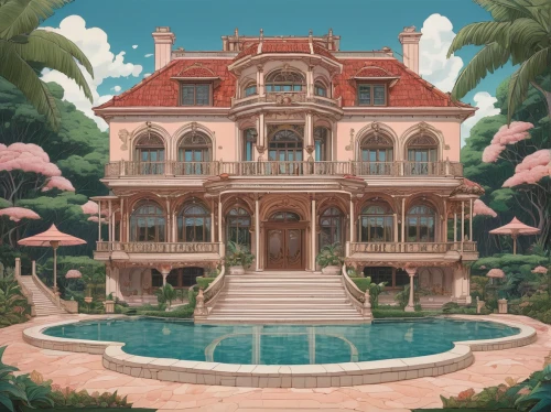 mansion,tropical house,pool house,house of the sea,beach house,villa,house by the water,private house,luxury property,house with lake,florida home,treasure house,large home,beachhouse,holiday villa,apartment house,studio ghibli,summer house,luxury home,summer cottage,Illustration,Japanese style,Japanese Style 15