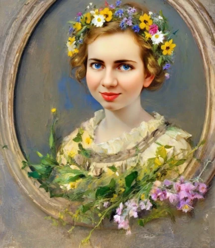 girl in a wreath,girl in flowers,wreath of flowers,floral wreath,blooming wreath,vintage female portrait,floral frame,beautiful girl with flowers,lillian gish - female,flower wreath,portrait of a girl,romantic portrait,flower crown of christ,flower crown,emile vernon,girl in the garden,fantasy portrait,young woman,spring crown,art nouveau frame