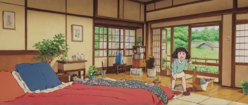 japanese-style room,the little girl's room,sleeping room,shared apartment,ryokan,dormitory,bedroom,apartment,one room,boy's room picture,room,one-room,an apartment,studio ghibli,children's bedroom,modern room,guest room,bedroom window,dandelion hall,rice straw broom,Illustration,Japanese style,Japanese Style 17