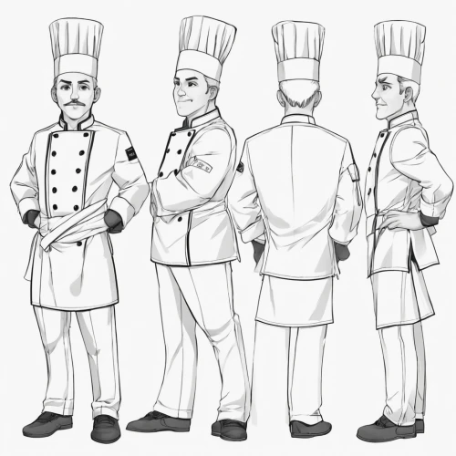 chef's uniform,chef hats,pastry chef,chefs,chef's hat,food line art,chef hat,men chef,chef,grilled food sketches,caterer,cooks,hors' d'oeuvres,chefs kitchen,catering,waiting staff,waiter,bakery,marzipan figures,recipes,Unique,Design,Character Design