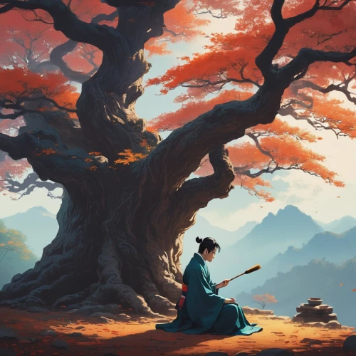 girl with tree,the girl next to the tree,world digital painting,the japanese tree,fantasy picture,mulan,lone tree,fantasy landscape,isolated tree,dragon tree,landscape background,flourishing tree,japanese sakura background,tree of life,studio ghibli,fantasy art,japan landscape,red tree,magic tree,the roots of trees,Conceptual Art,Fantasy,Fantasy 32