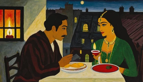 romantic dinner,dinner for two,woman at cafe,young couple,romantic scene,indian art,date,romantic night,as a couple,khokhloma painting,bistrot,dining,courtship,candle light dinner,two people,women at cafe,man and wife,tandoori,woman holding pie,date night,Art,Artistic Painting,Artistic Painting 27