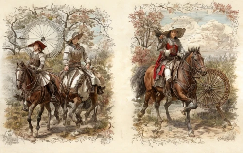 cavalry,two-horses,hunting scene,horse riders,equine coat colors,man and horses,illustrations,pilgrims,andalusians,horsemanship,horses,vintage illustration,conservation-restoration,fox hunting,western riding,horseback,old country roses,vintage print,lithograph,boy's hats,Game Scene Design,Game Scene Design,Renaissance