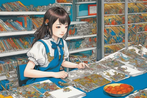 watercolor shops,book store,typesetting,convenience store,bookstore,salesgirl,bookshop,shelves,meticulous painting,bookselling,clerk,browsing,sorting,supermarket shelf,novels,bookworm,books,books pile,anime japanese clothing,digitization of library,Art,Classical Oil Painting,Classical Oil Painting 17