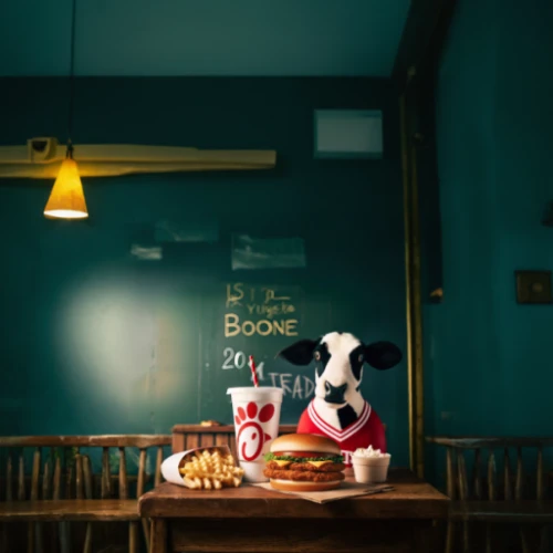 mystic light food photography,fast food restaurant,jack in the box,food styling,holstein-beef,dairy cow,food photography,still life photography,holstein cow,conceptual photography,milk cow,red holstein,cow,fastfood,retro diner,fast-food,mother cow,anthropomorphized animals,mcdonald's,parlour